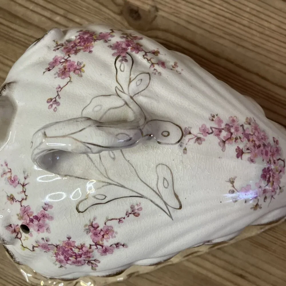 Antique Porcelain Butter Cheese Keeper W/ Lid Pink Flowers Cherry Blossom Gold